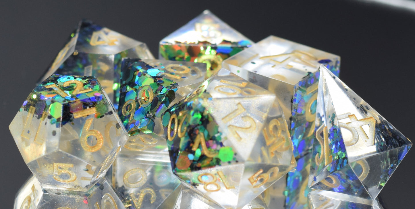7pc Translucent Confetti Sharp Edge Hand Made Dice Set