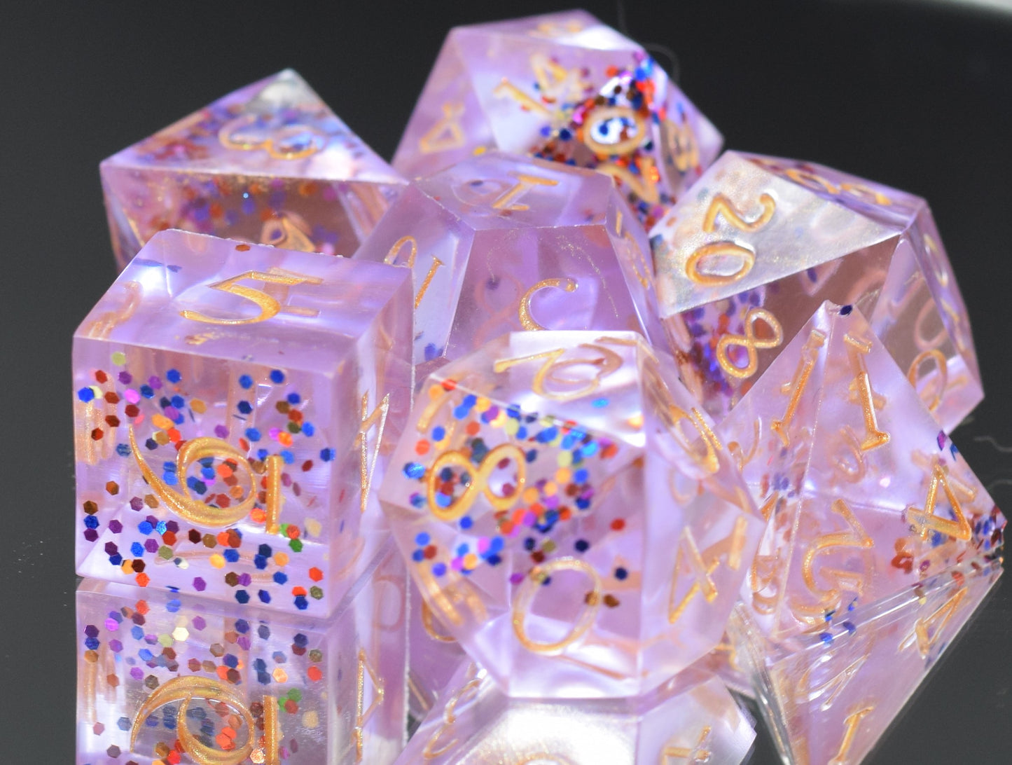 7pc Pink Confetti Celebration Sharp Edge Hand Made Dice Set