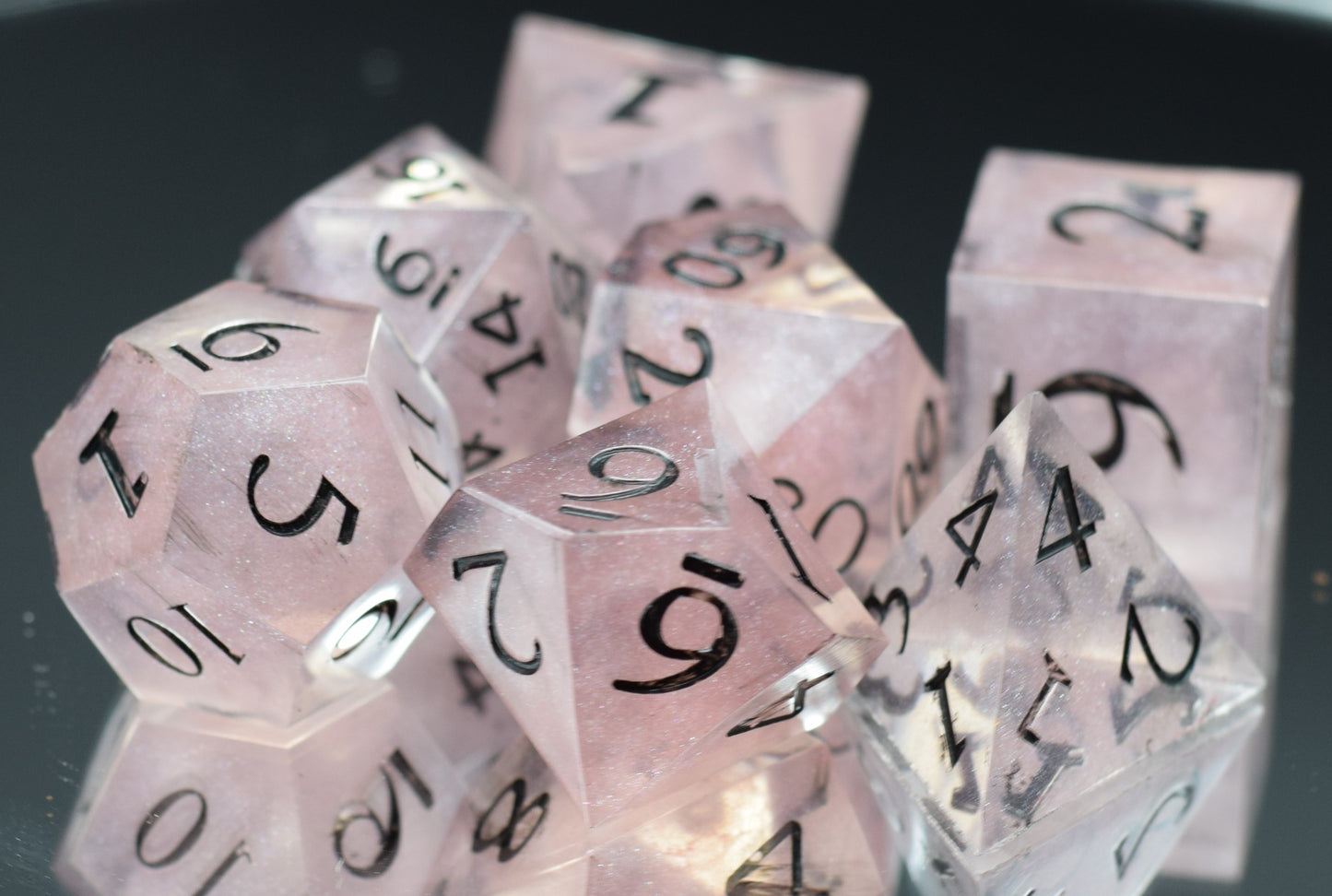7pc Pink Crystal Sharp Edge Hand Made Dice Set