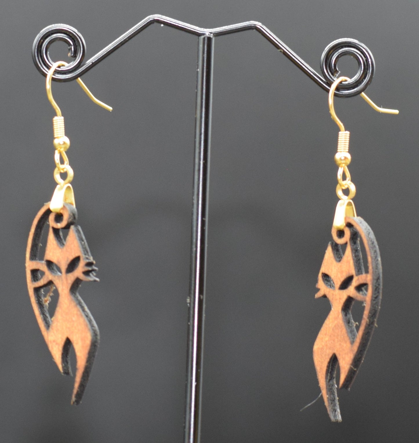 38mm Wooden Cat Earrings on Stainless Steel Hooks