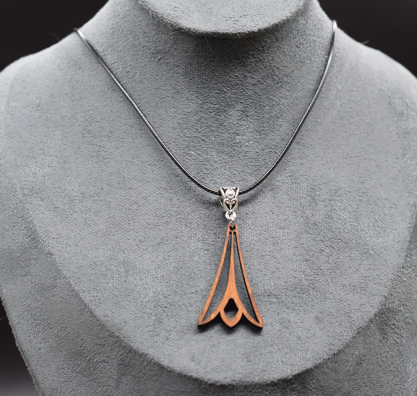Wooden Tulip Pendant on Adjustable Leatherette Necklace