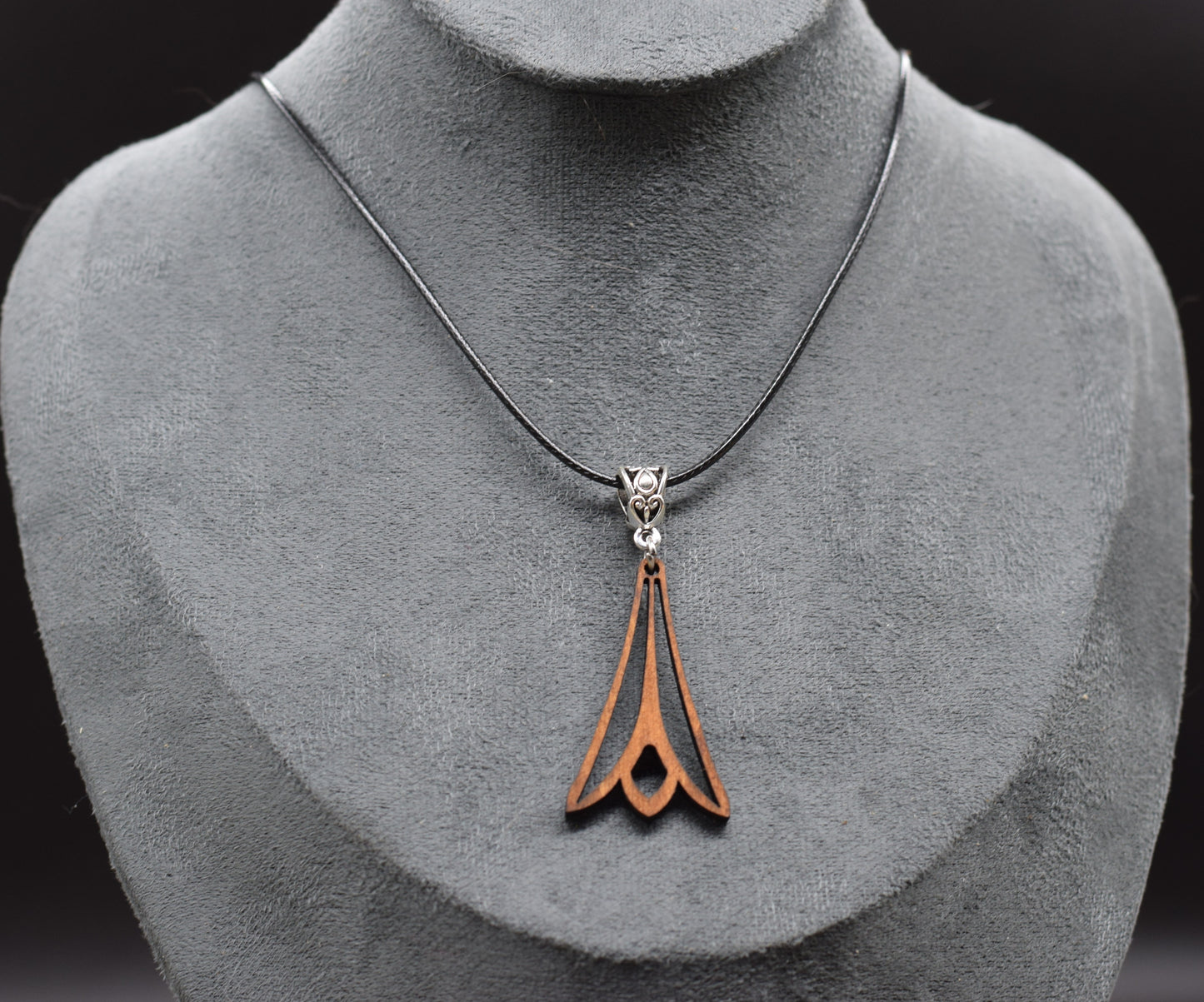 Wooden Tulip Pendant on Adjustable Leatherette Necklace