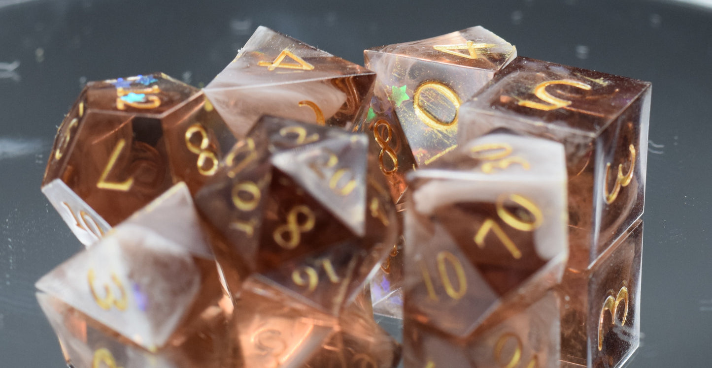 7pc Cappuchino and Gold Sharp Edge Hand Made Dice Set