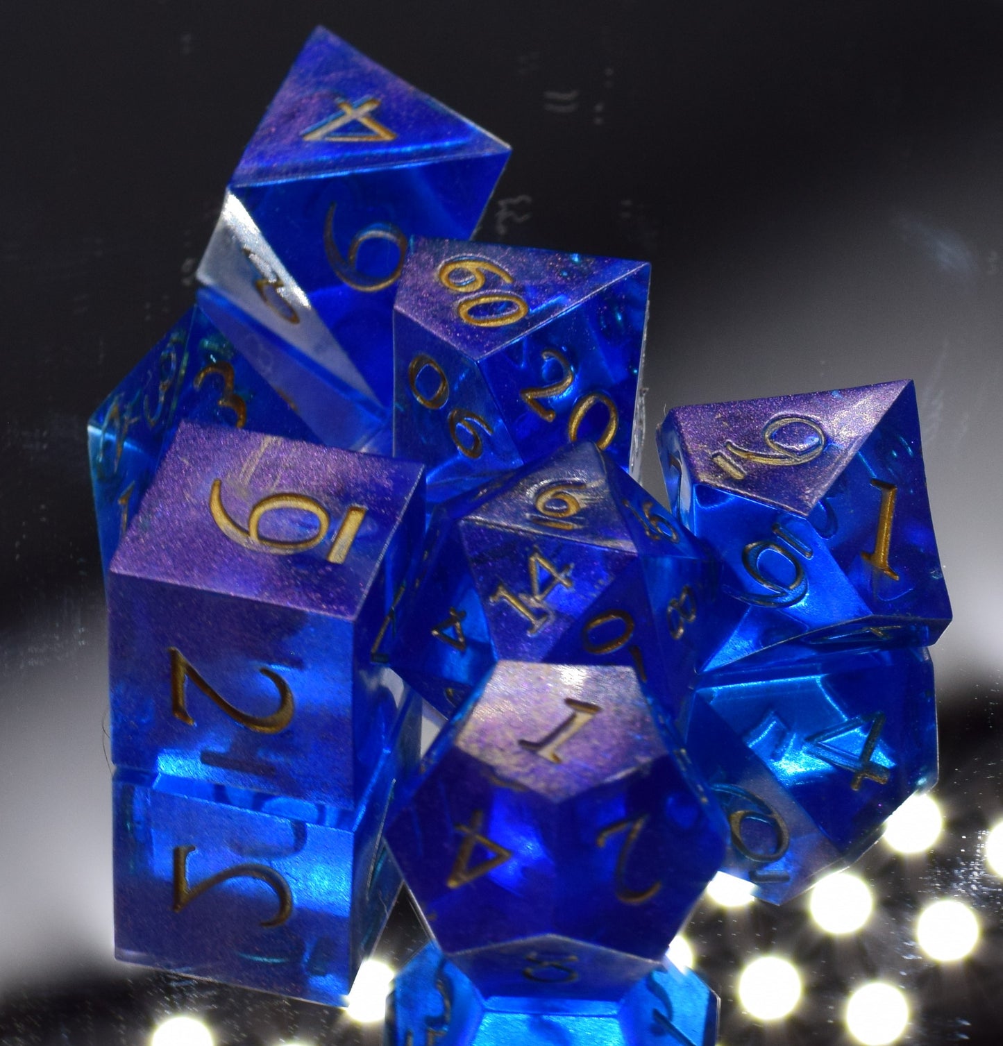 7pc Purple Glimmer Sharp Edge Hand Made Dice Set