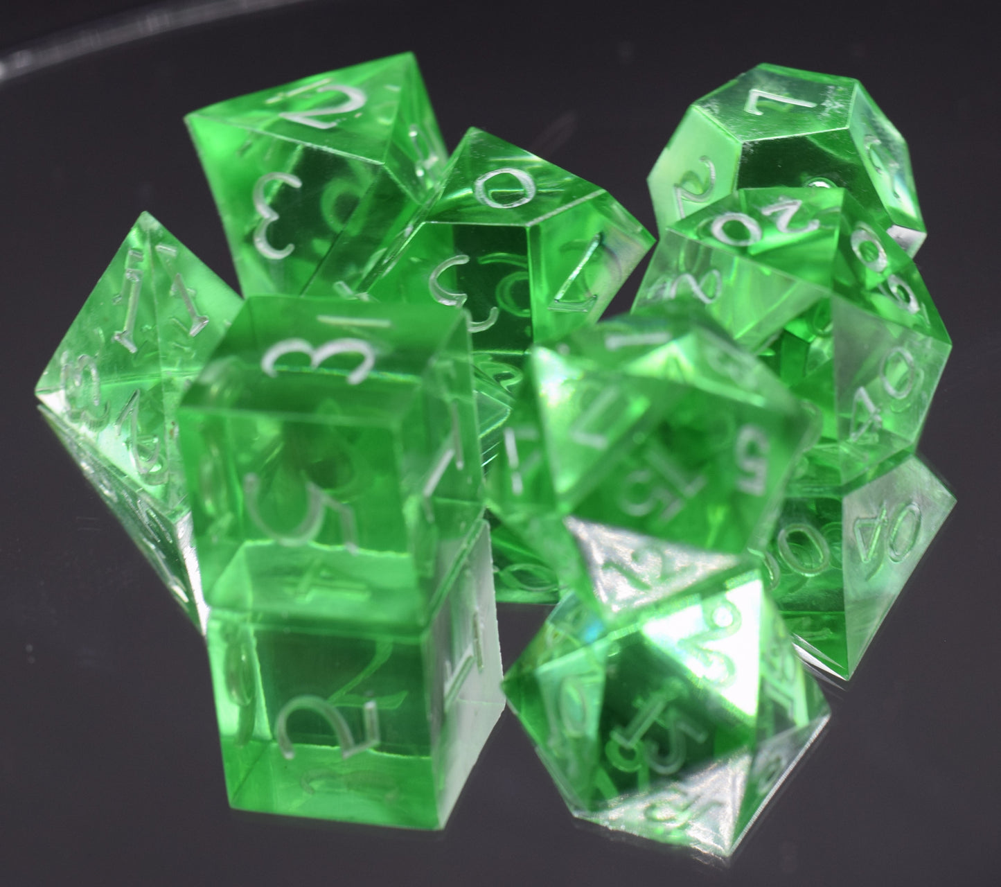 7pc Elvin Green and Silver Sharp Edge Hand Made Dice Set
