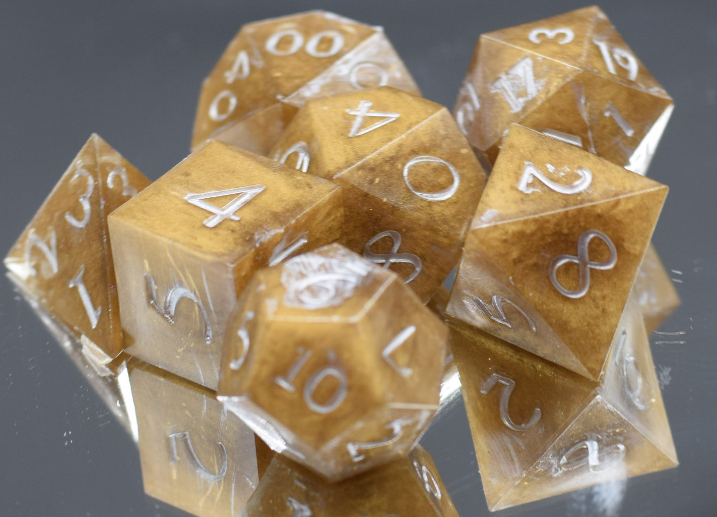 7pc Caramel and Silver Sharp Edge Hand Made Dice Set