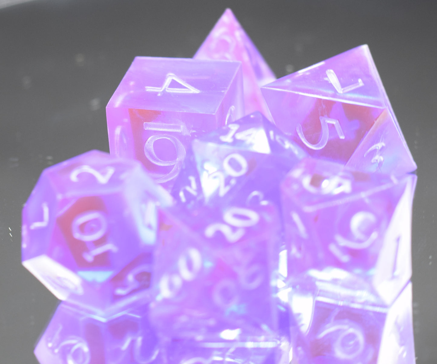 7pc Amethyst and Silver Sharp Edge Hand Made Resin Dice Set