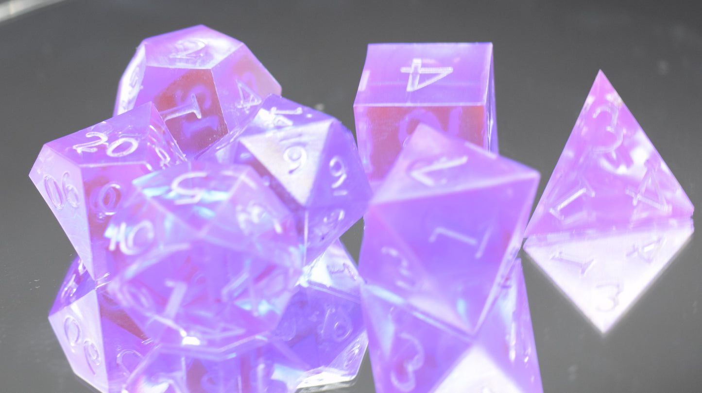 7pc Amethyst and Silver Sharp Edge Hand Made Resin Dice Set