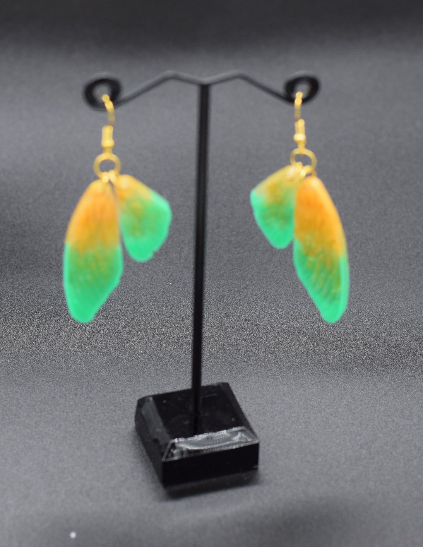 Fae Wings Resin Earrings in Green and Gold