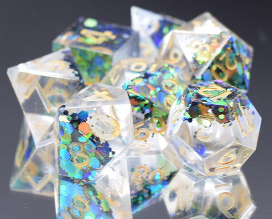 7pc Translucent Confetti Sharp Edge Hand Made Dice Set