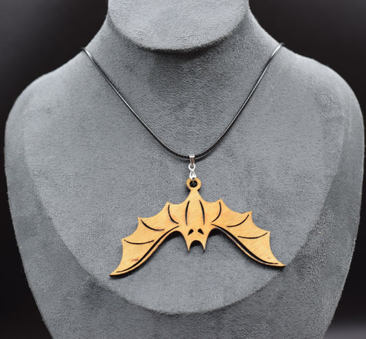 Wooden Vampire Bat Pendant on Adjustable Leatherette Necklace