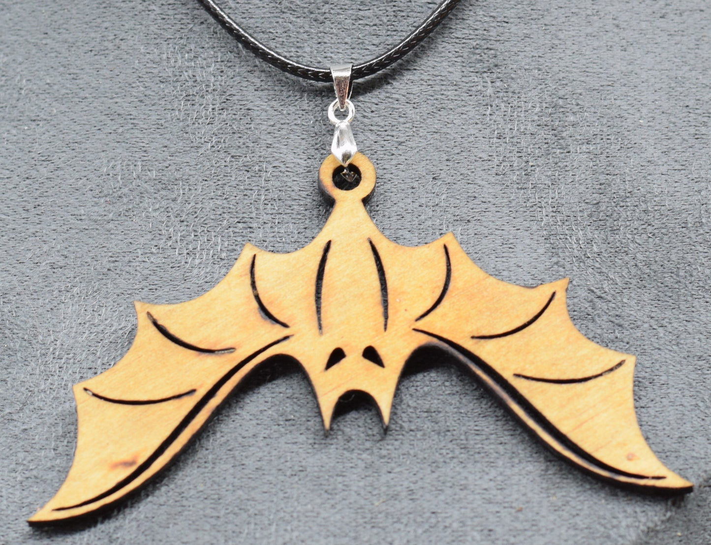 Wooden Vampire Bat Pendant on Adjustable Leatherette Necklace