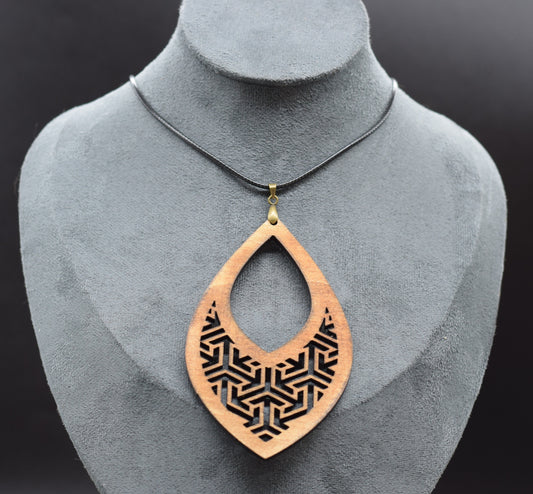 Wooden Pendant on Adjustable Leatherette Necklace