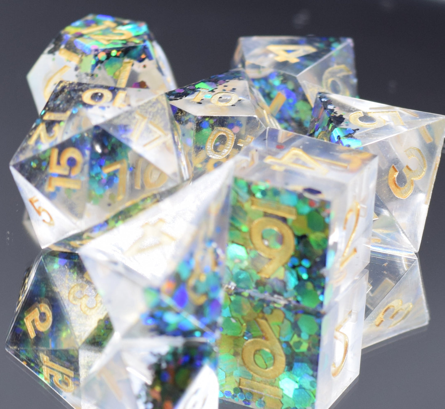 7pc Translucent Confetti Sharp Edge Hand Made Dice Set