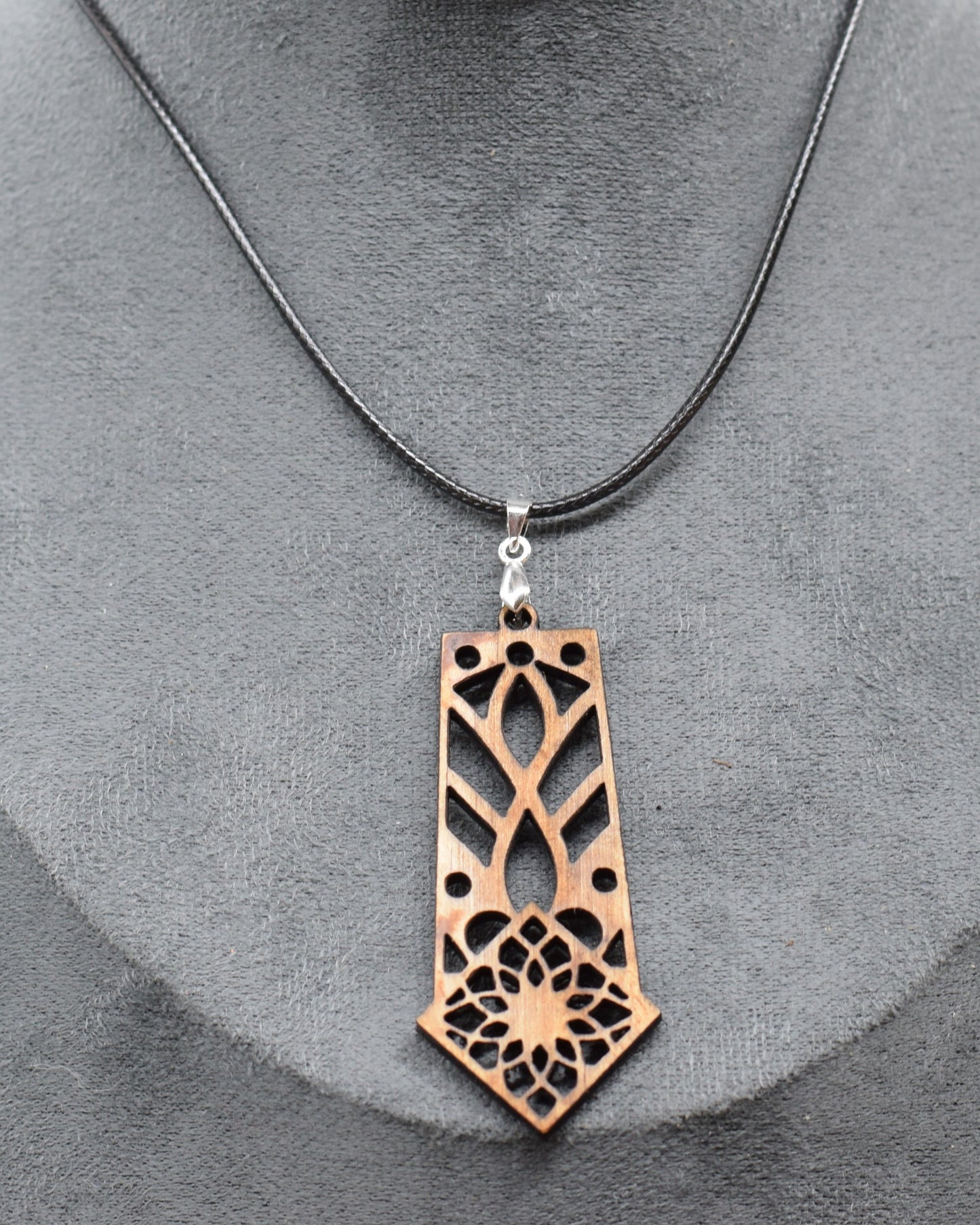 Wooden Stained Glass Style Pendant on Adjustable Leatherette Necklace