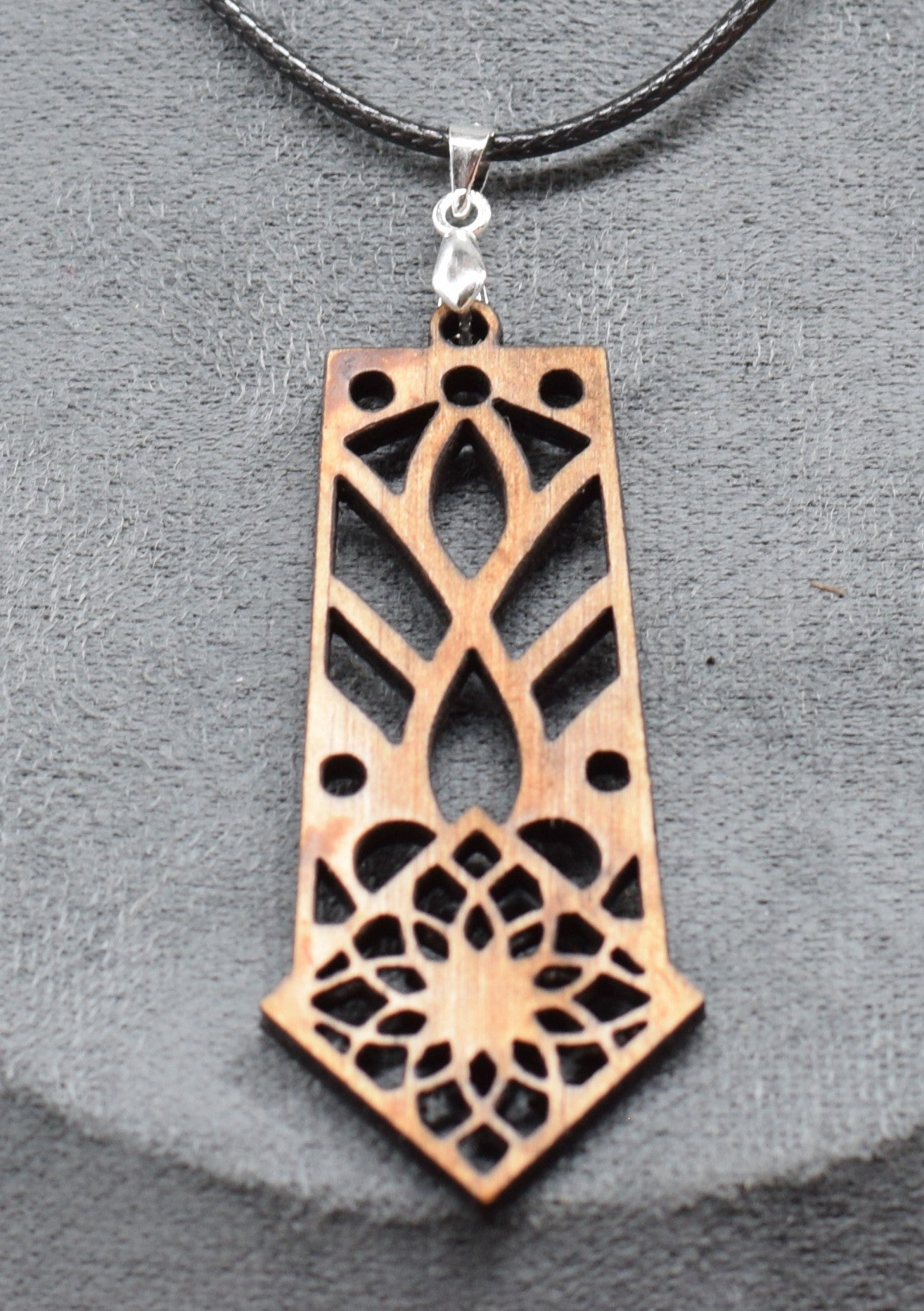 Wooden Stained Glass Style Pendant on Adjustable Leatherette Necklace