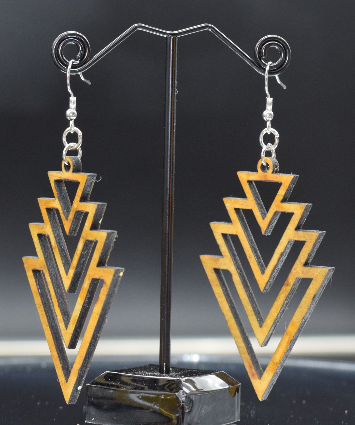 55mm Wooden Art Deco Earrings on Stainless Steel Hooks