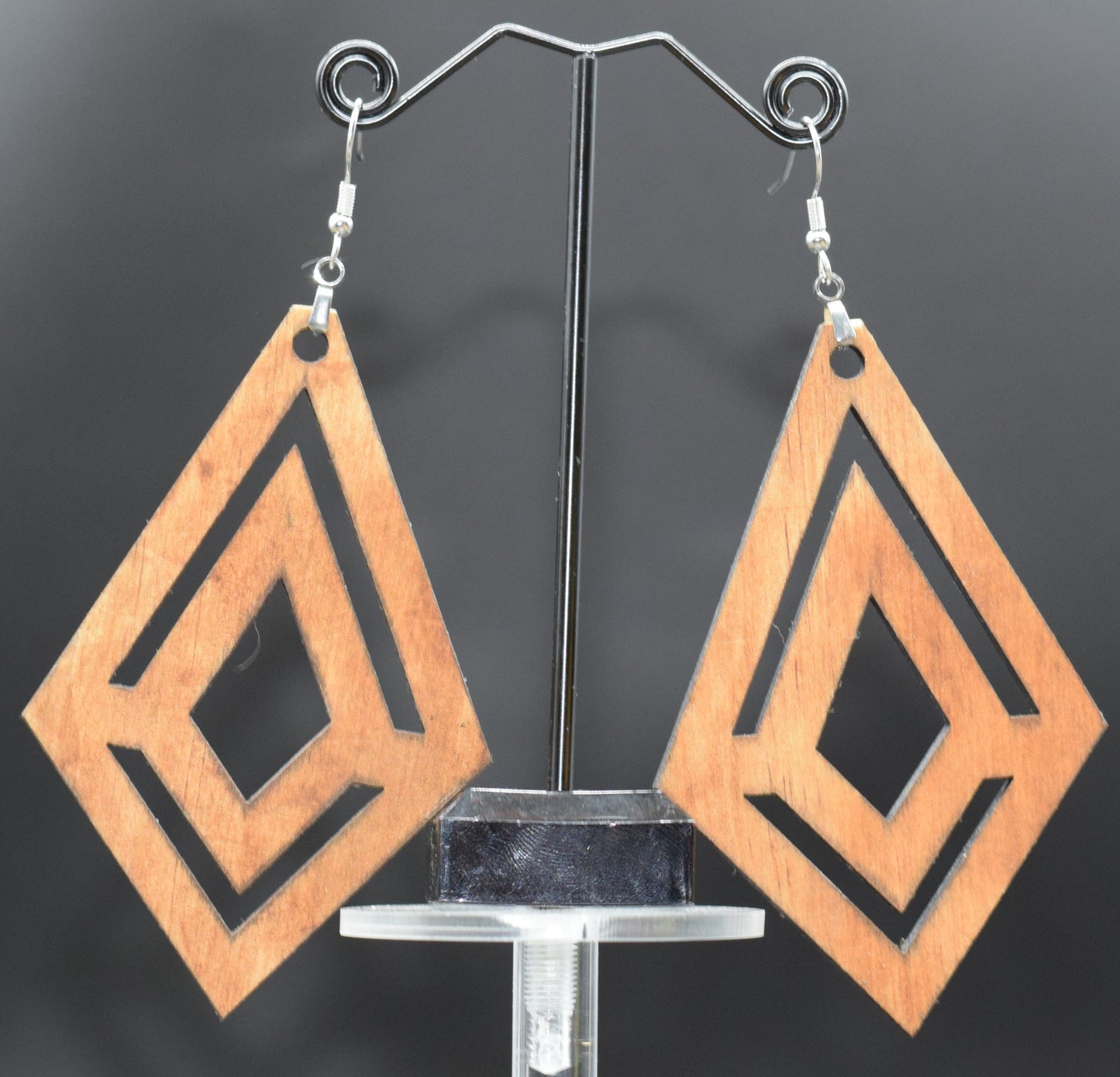 90mm Diamond Drop Wooden Earrings on Stainless Steel Hooks