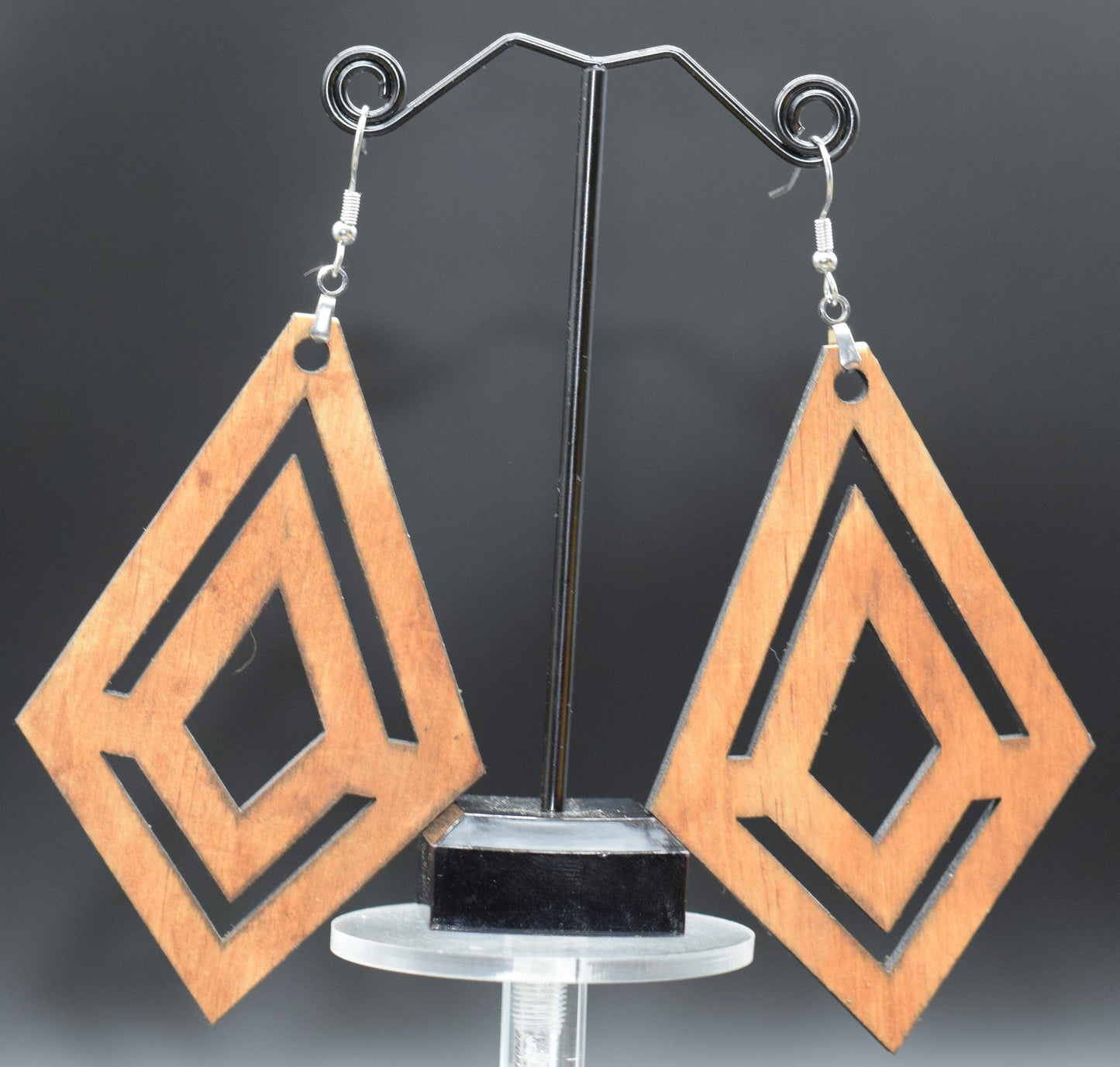 90mm Diamond Drop Wooden Earrings on Stainless Steel Hooks