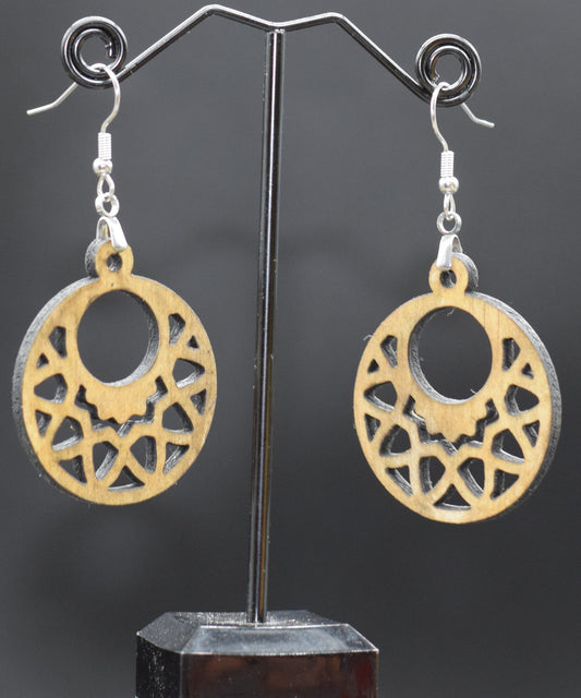 55mm Wooden Mandala Earrings on Stainless Steel Hooks