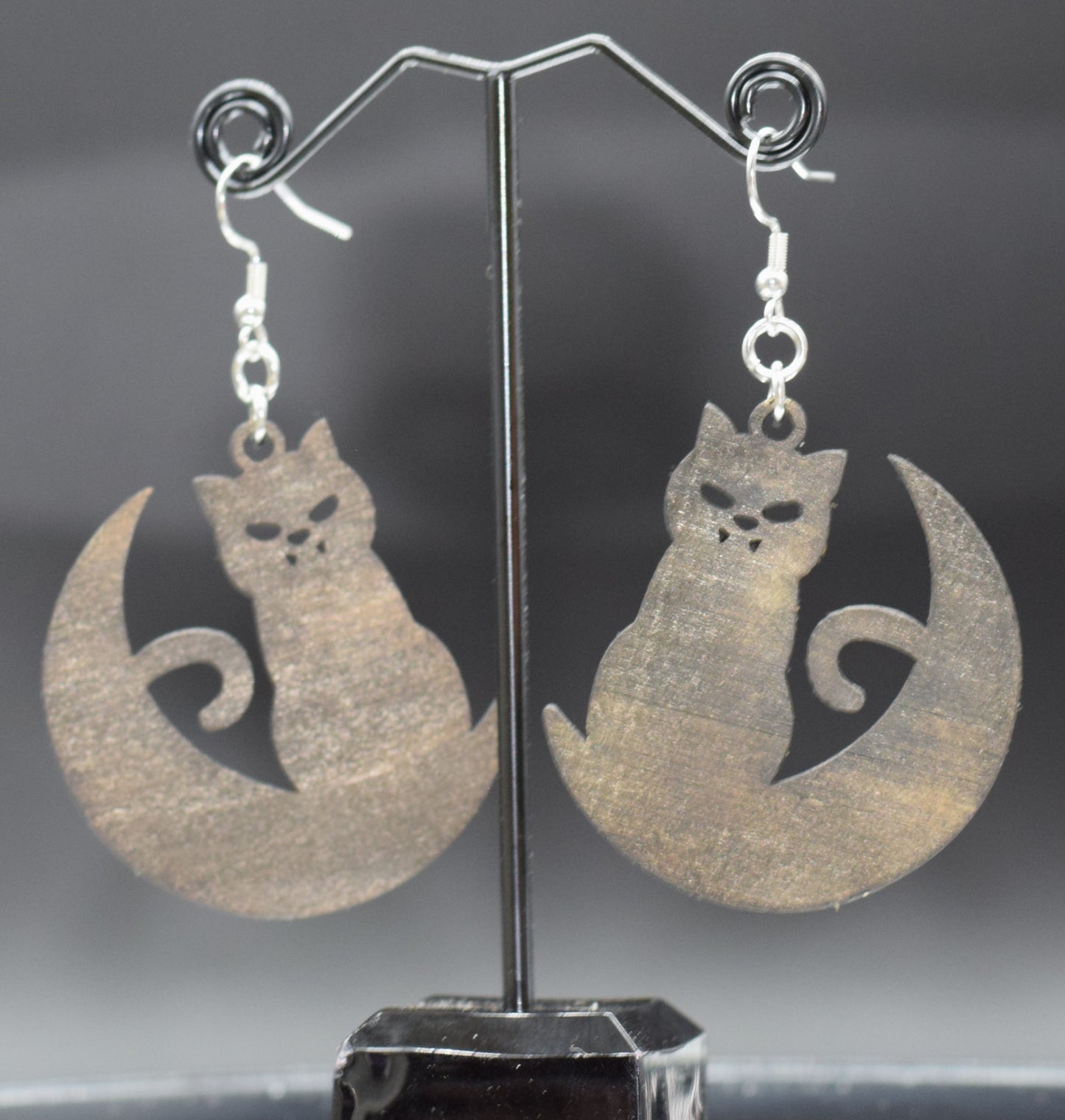 45mm Wooden Lunar Cat Earrings on Stainless Steel Hooks