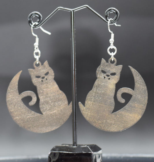 45mm Wooden Lunar Cat Earrings on Stainless Steel Hooks