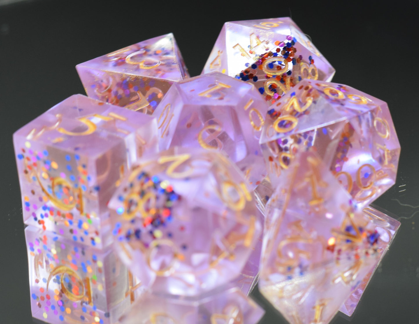 7pc Pink Confetti Celebration Sharp Edge Hand Made Dice Set