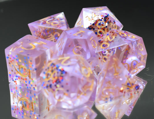 7pc Pink Confetti Celebration Sharp Edge Hand Made Dice Set