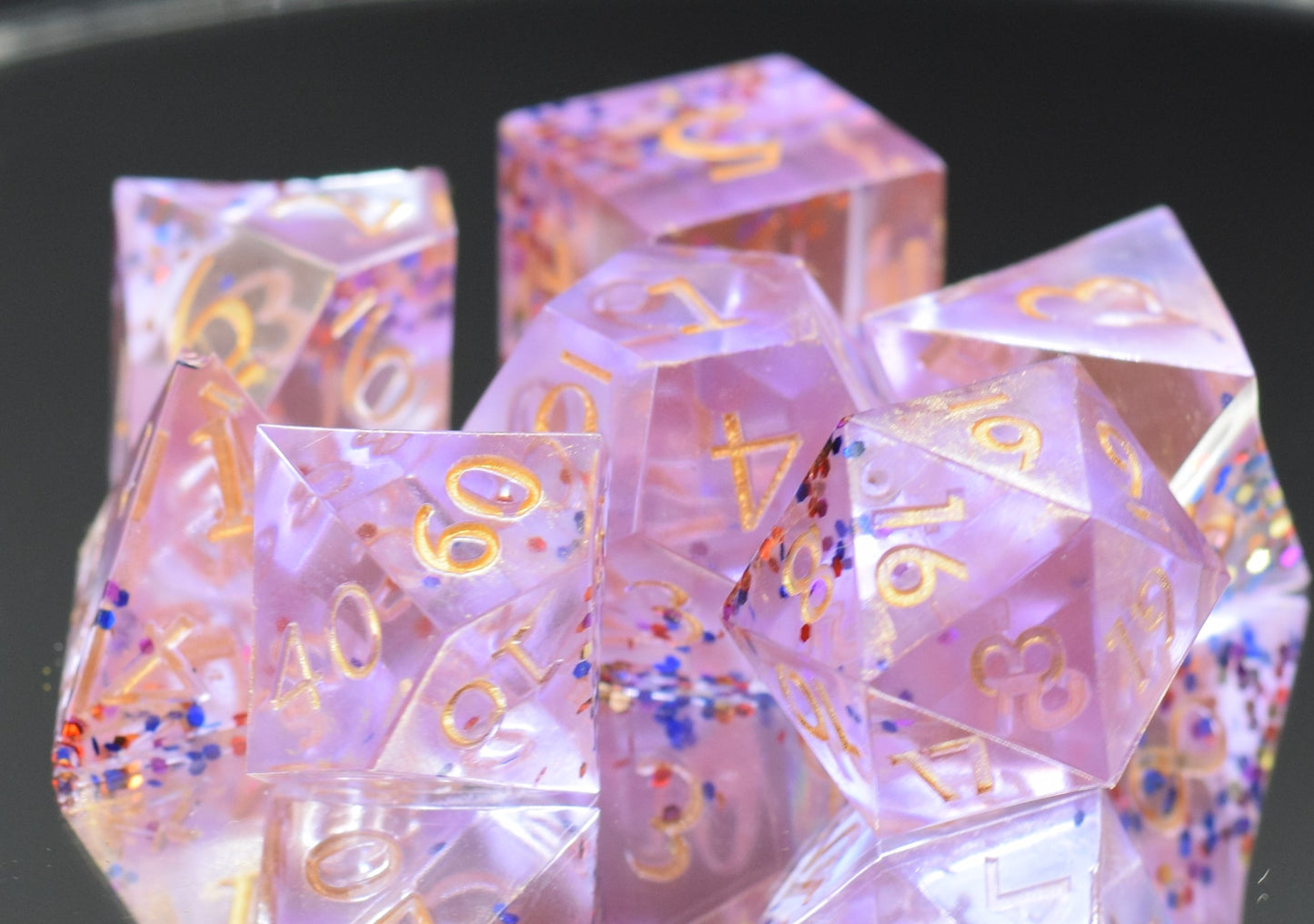 7pc Pink Confetti Celebration Sharp Edge Hand Made Dice Set