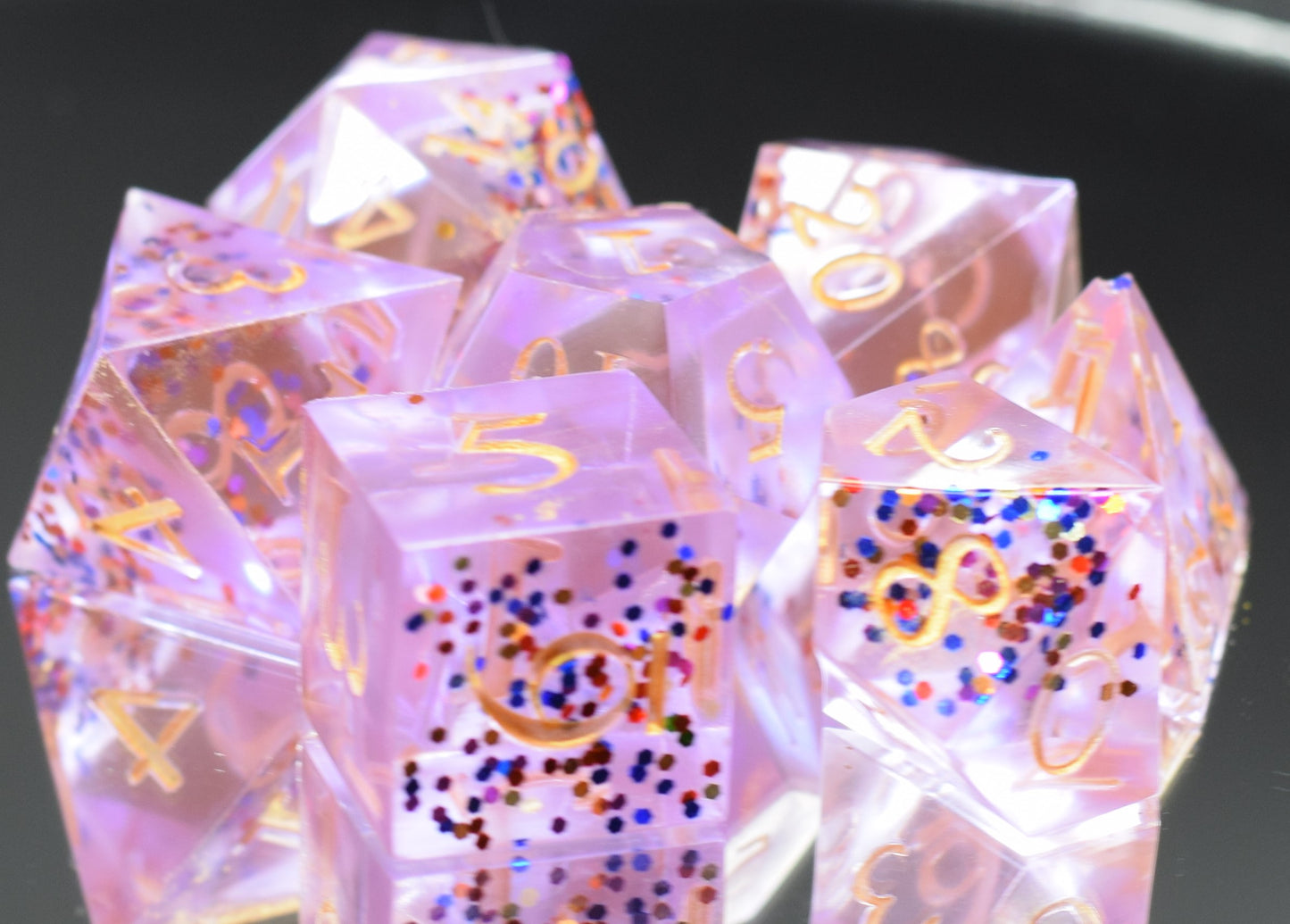 7pc Pink Confetti Celebration Sharp Edge Hand Made Dice Set
