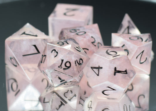 7pc Pink Crystal Sharp Edge Hand Made Dice Set