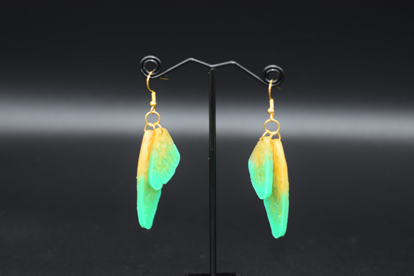Fae Wings Resin Earrings in Green and Gold
