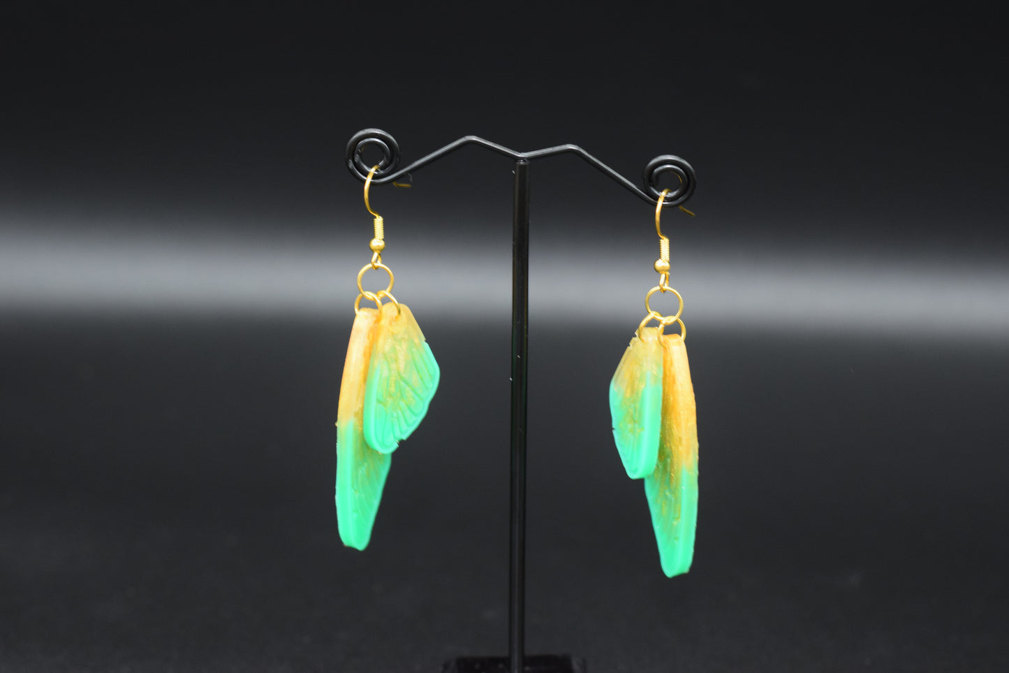 Fae Wings Resin Earrings in Green and Gold