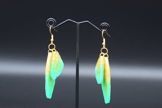 Fae Wings Resin Earrings in Green and Gold