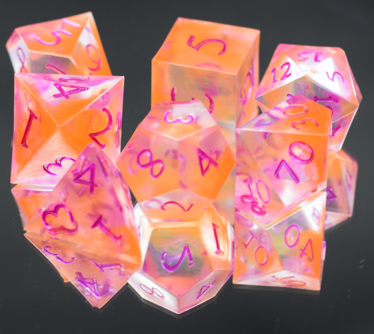7pc Orange Mist Sharp Edge Hand Made Dice Set