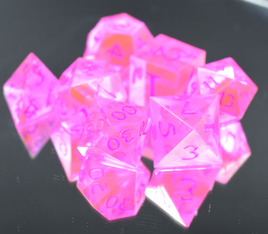 7pc Pink and Purple Sharp Edge Hand Made Dice Set