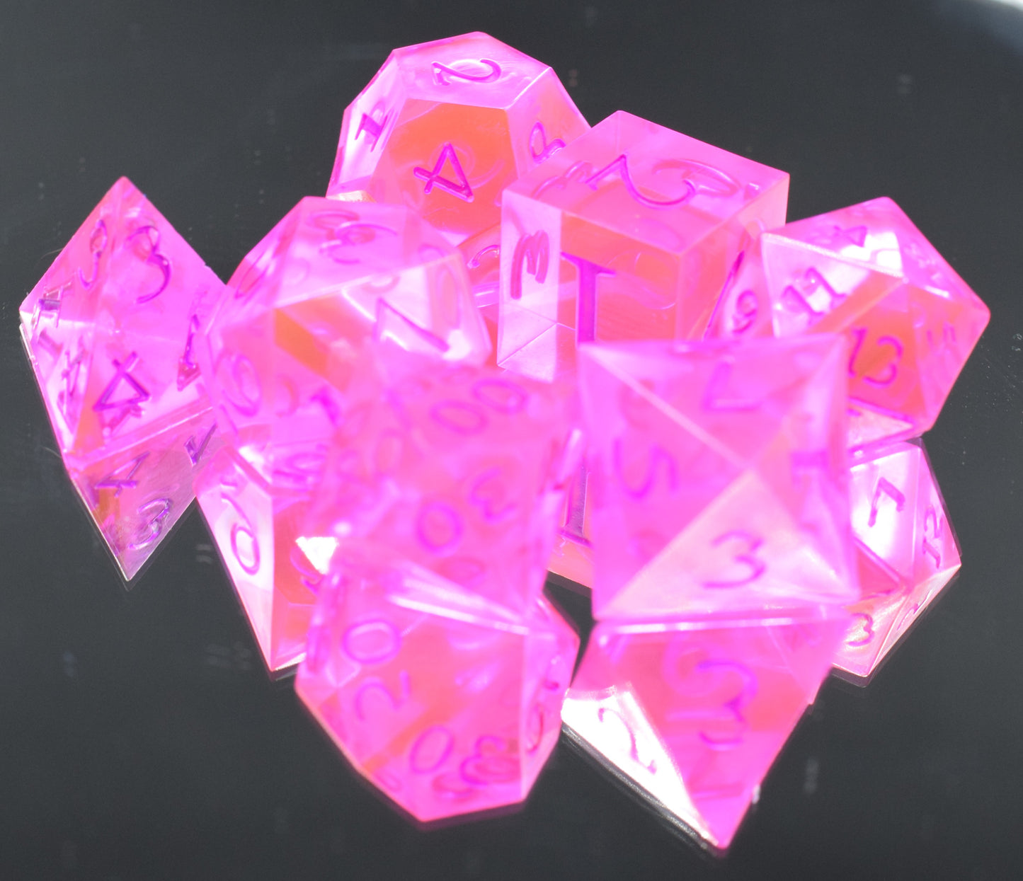 7pc Pink and Purple Sharp Edge Hand Made Dice Set