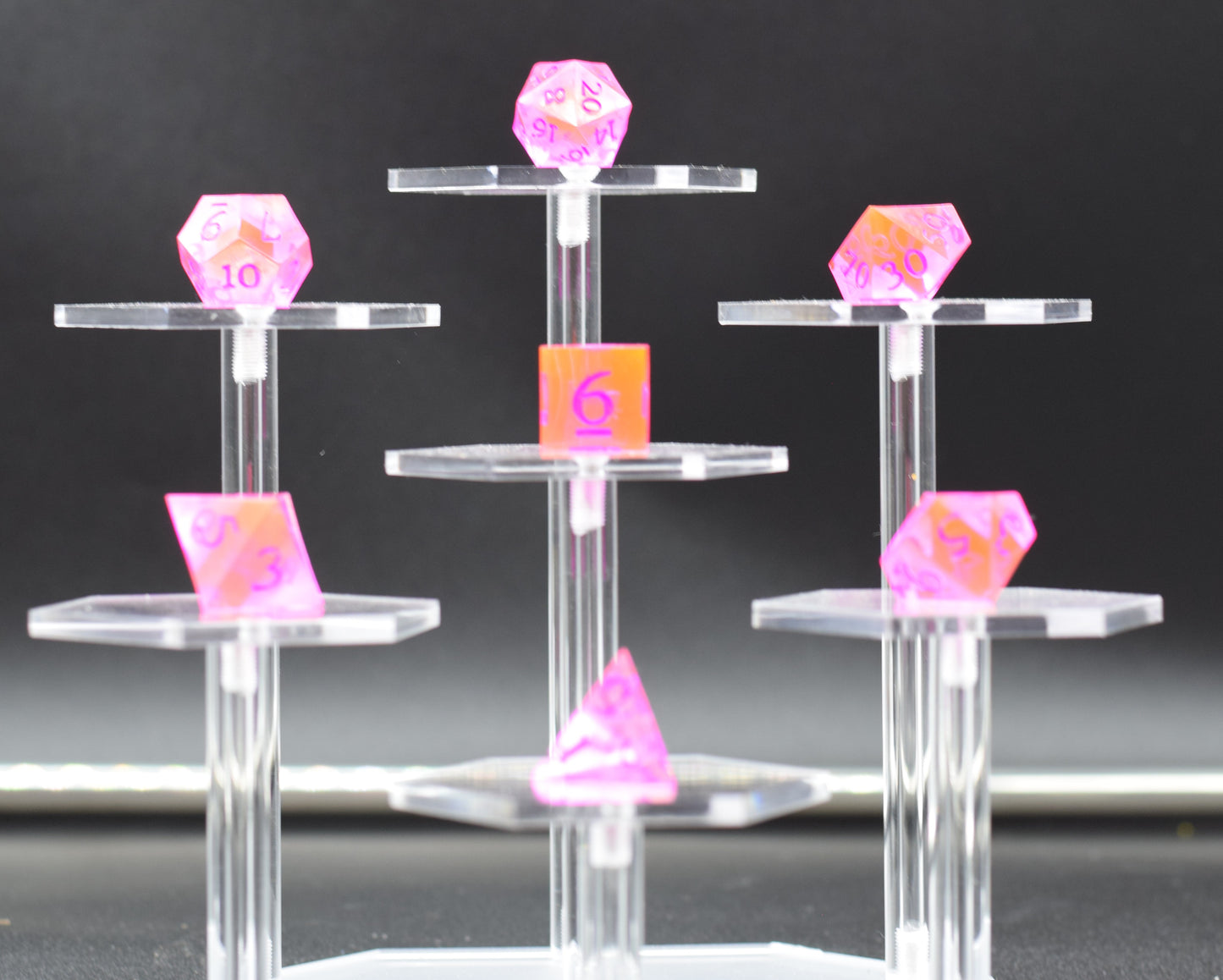 7pc Pink and Purple Sharp Edge Hand Made Dice Set