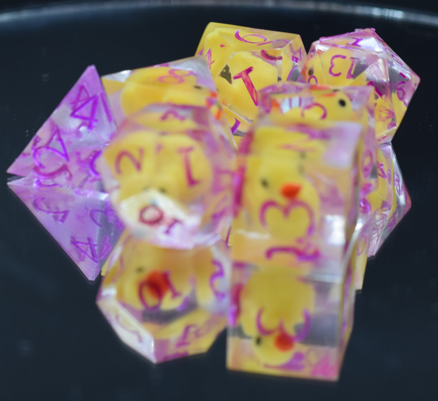 7pc Clear Rubber Duck Sharp Edge Hand Made Dice Set