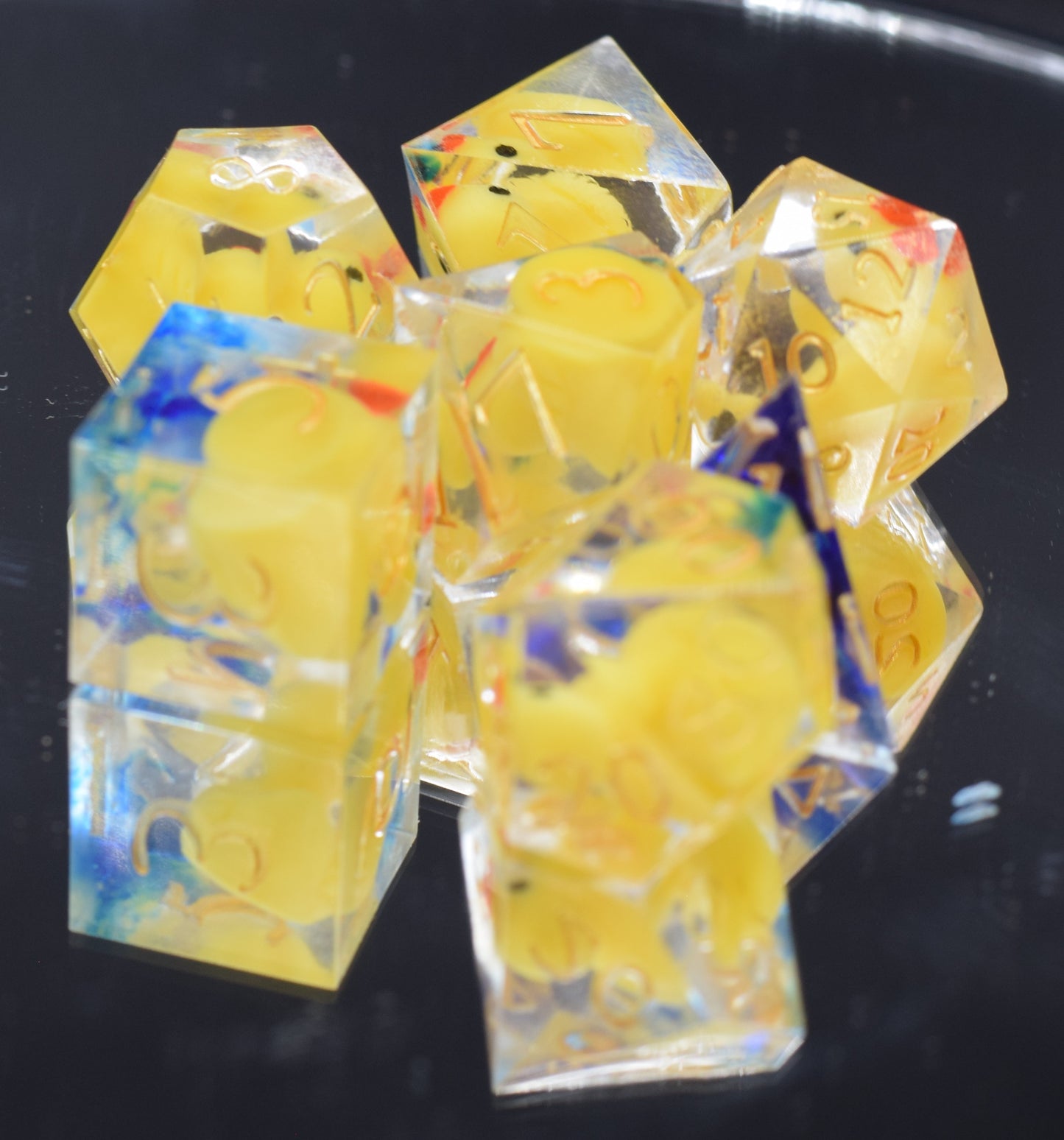 7pc Clear Rubber Duck Sharp Edge Hand Made Dice Set