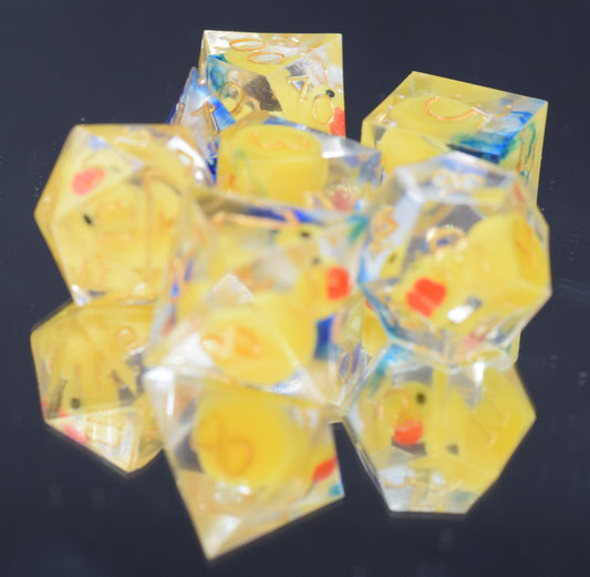 7pc Clear Rubber Duck Sharp Edge Hand Made Dice Set