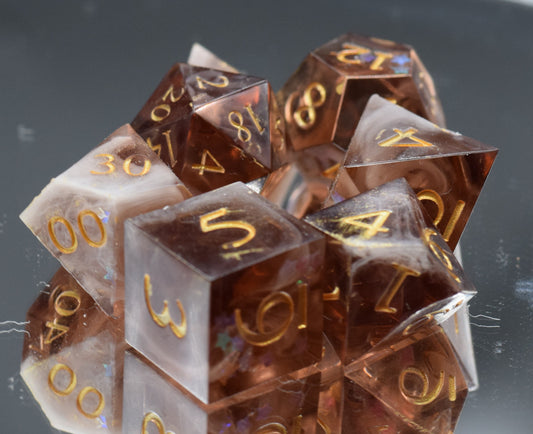 7pc Cappuchino and Gold Sharp Edge Hand Made Dice Set