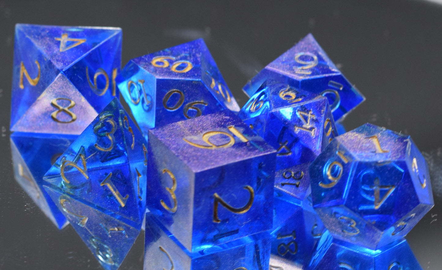 7pc Purple Glimmer Sharp Edge Hand Made Dice Set