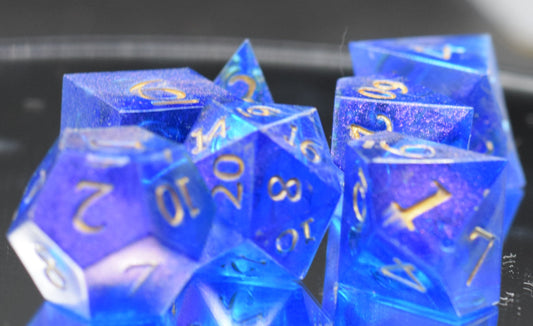 7pc Purple Glimmer Sharp Edge Hand Made Dice Set