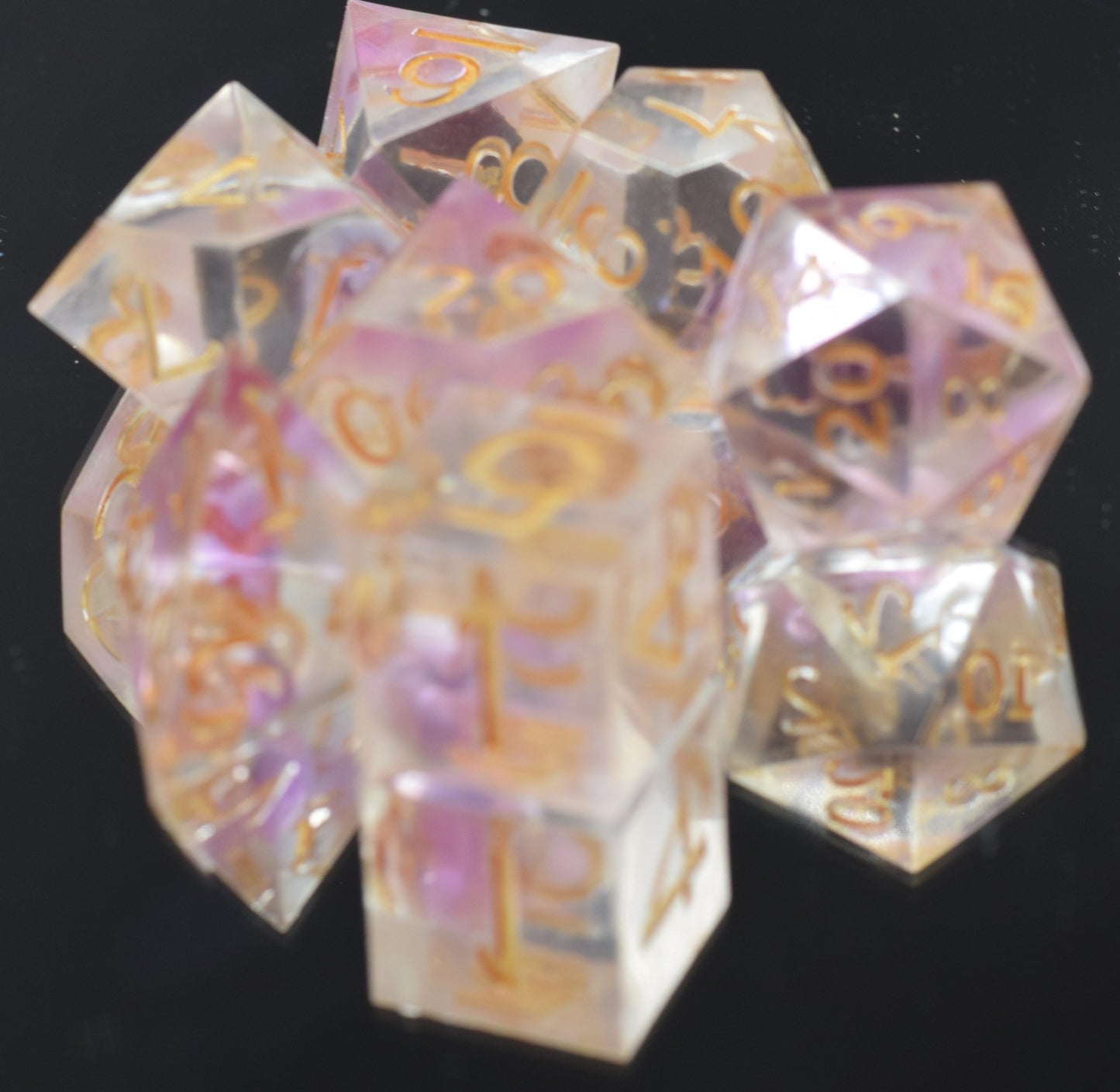 7pc Pink Crystal Sharp Edge Hand Made Dice Set