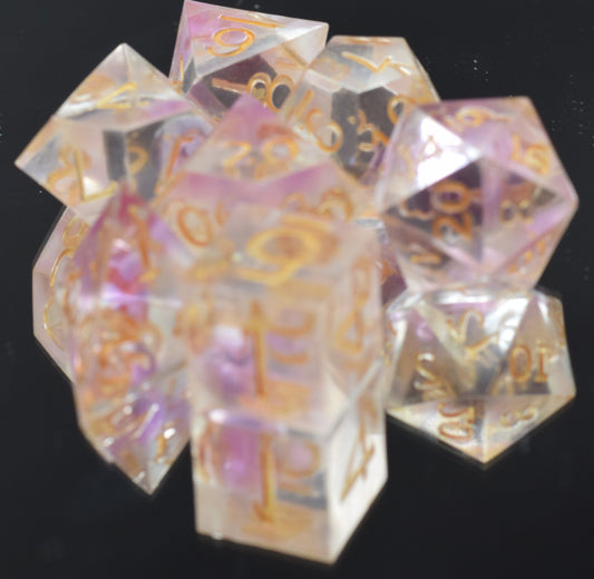 7pc Pink Crystal Sharp Edge Hand Made Dice Set