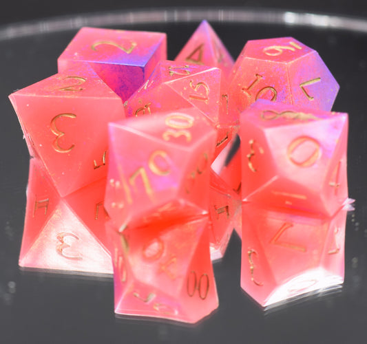 7pc Watermellon and Purple Sharp Edge Hand Made Dice Set