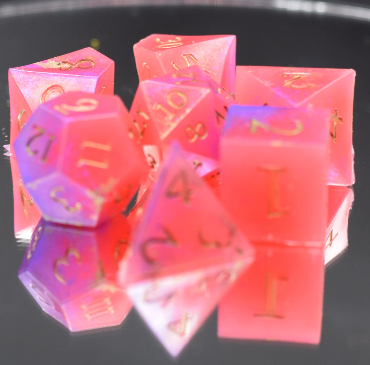 7pc Watermellon and Purple Sharp Edge Hand Made Dice Set