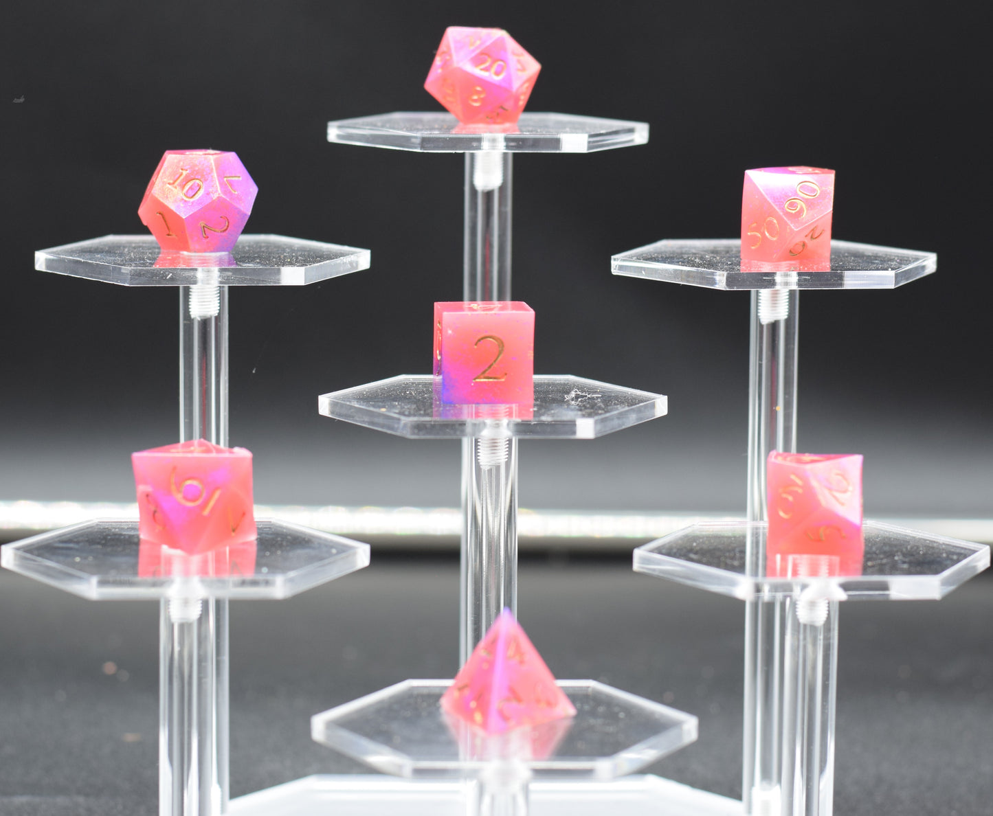 7pc Watermellon and Purple Sharp Edge Hand Made Dice Set