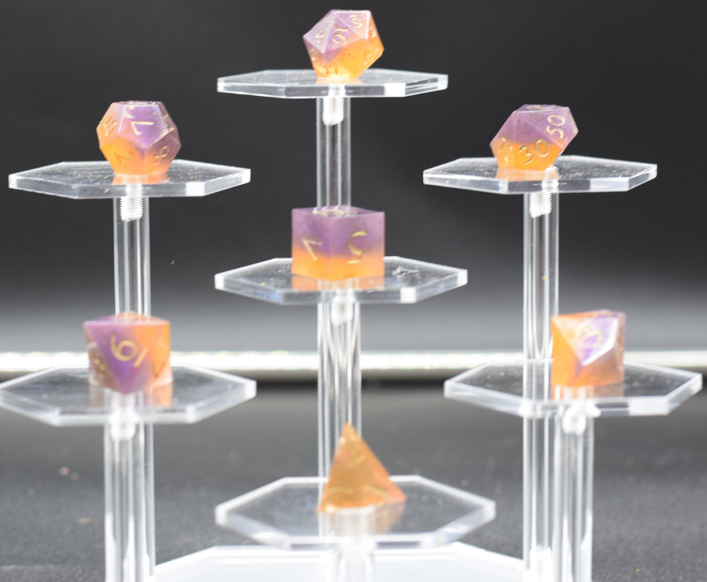 7pc Purple and Orange Sharp Edge Hand Made Dice Set